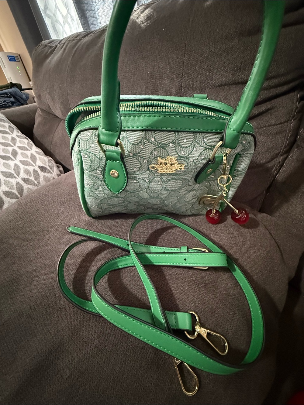 Green Signature Satchel with Cherry Charm and Detachable Strap